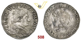 CLEMENTE VII (1523-1534) Giulio, Bologna. D/ Busto del Pontefice R/ Leone con vessilo. CNI 32 Munt. 107 Ag g 4,08 Molto rara SPL