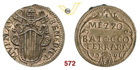 BENEDETTO XIV (1740-1758) Mezzo Baiocco 1746 A. V, Ferrara. Cu g 5,65 FDC