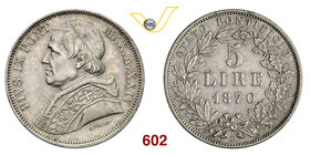 PIO IX (1846-1878) 5 Lire 1870 XXIV, Roma. Pag. 549 Ag g 25,01 • Lievissimo colpetto SPL