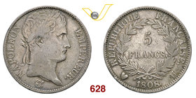NAPOLEONE I, Imperatore (1804-1814) 5 Franchi 1808 Torino. Pag. 29 Ag g 24,73 Rarissima MB+