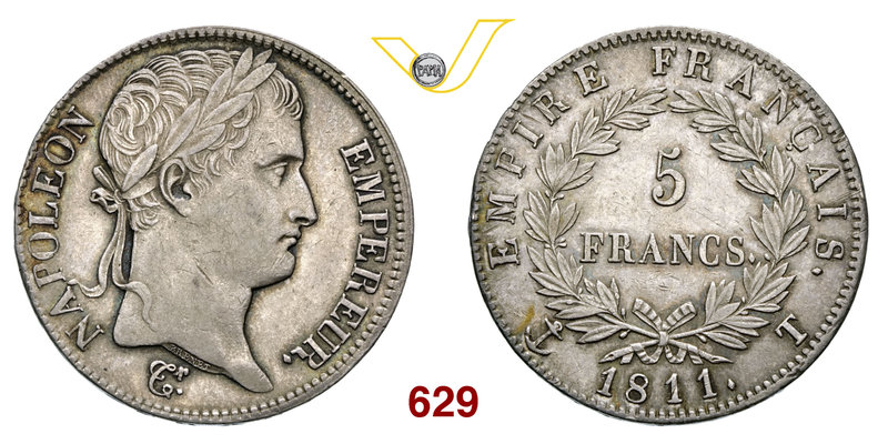 NAPOLEONE I (1804-1814) 5 Franchi 1811 T, Nantes. Kr. 694 Gad. 584 Ag g 24,98 q....