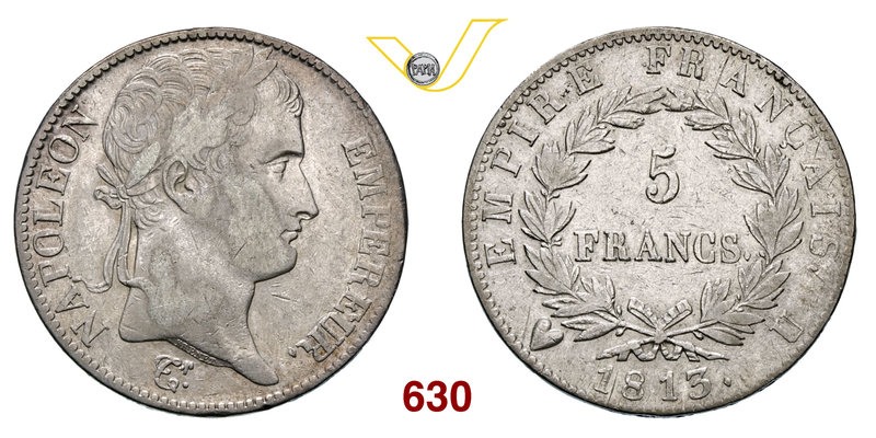 NAPOLEONE I, Imperatore (1804-1814) 5 Franchi 1813 Torino. Pag. 34 Ag g 24,85 Mo...
