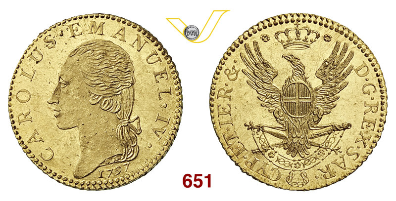 CARLO EMANUELE IV (1796-1800) Mezza Doppia 1797 Torino. MIR 1011a Au g 4,55 Rara...