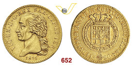 VITTORIO EMANUELE I (1802-1821) 20 Lire 1816 Torino. MIR 1028a Pag. 4 Varesi 3 Au g 6,42 Molto rara • Colpetti BB+