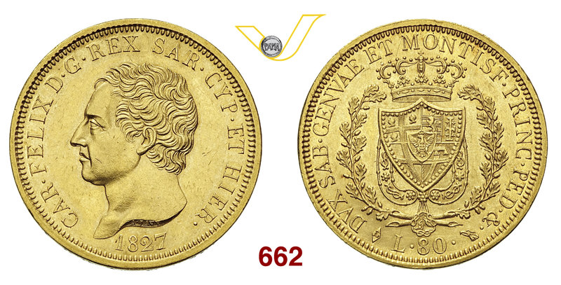 CARLO FELICE (1821-1831) 80 Lire 1827 Torino. MIR 1032h Pag. 30 Au g 25,80 • Min...