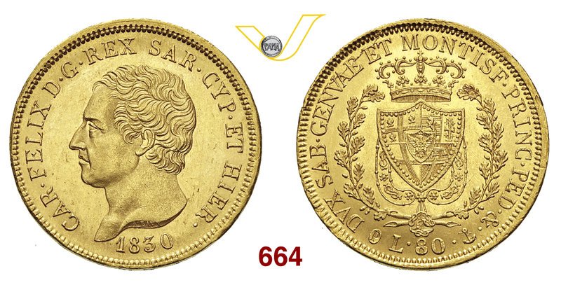 CARLO FELICE (1821-1831) 80 Lire 1830 Genova. MIR 1032m Pag. 35 Au g 25,86 SPL/q...