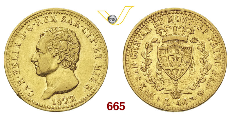 CARLO FELICE (1821-1831) 40 Lire 1822 Torino. MIR 1033a Pag. 39 Au Molto rara • ...