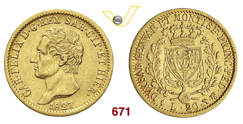 CARLO FELICE (1821-1831) 20 Lire 1827 Torino. MIR 1034j Pag. 54 Varesi 18 Au g 6...