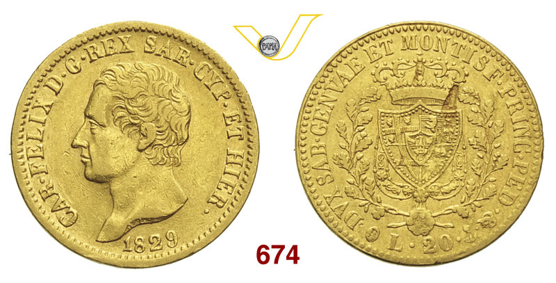 CARLO FELICE (1821-1831) 20 Lire 1829 Genova. MIR 1034n Pag. 57 Varesi 22 Au Mol...