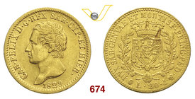 CARLO FELICE (1821-1831) 20 Lire 1829 Genova. MIR 1034n Pag. 57 Varesi 22 Au Molto rara • Mancanze di metallo al rovescio q.BB