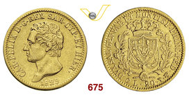 CARLO FELICE (1821-1831) 20 Lire 1829 Torino “P”. MIR 1034o Pag. 58a Varesi 24 Au g 6,39 Rara MB÷BB