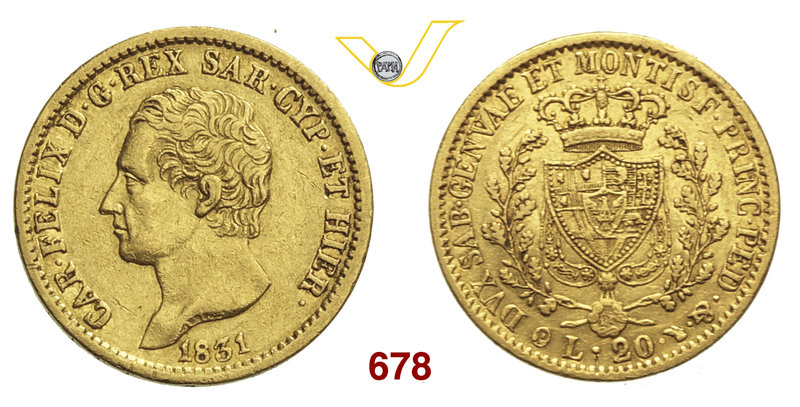 CARLO FELICE (1821-1831) 20 Lire 1831 Torino. MIR 1034p Pag. 62 Varesi 29 Au Rar...
