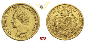 CARLO FELICE (1821-1831) 20 Lire 1831 Torino. MIR 1034p Pag. 62 Varesi 29 Au Rara BB+