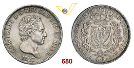 CARLO FELICE (1821-1831) 5 Lire 1827 Genova. MIR 1035j Pag. 72 Ag g 25,00 • Bella patina SPL/q.FDC