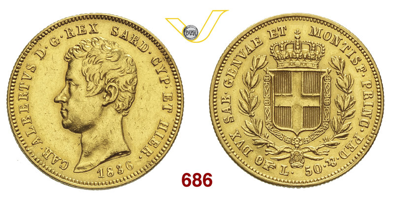 CARLO ALBERTO (1831-1849) 50 Lire 1836 Torino. MIR 1044c Pag. 166 Au Molto rara ...