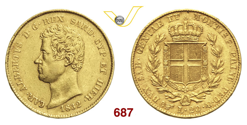 CARLO ALBERTO (1831-1849) 20 Lire 1832 Torino “fert”. MIR 1045f Pag. 176a Au Rar...