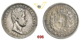 CARLO ALBERTO (1831-1849) 50 Centesimi 1842 Torino. MIR 1050i Pag. 323 Ag g 2,47 Molto rara BB