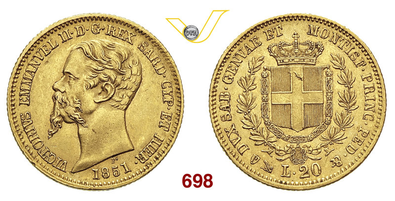 VITTORIO EMANUELE II, Re di Sardegna (1849-1861) 20 Lire 1851 Genova. MIR 1055c ...