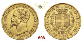 VITTORIO EMANUELE II, Re di Sardegna (1849-1861) 20 Lire 1851 Genova. MIR 1055c Pag. 339 Au g 6,43 • Piccolo difetto del tondello sullo stemma BB÷SPL...