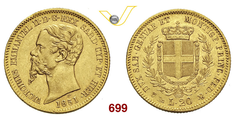 VITTORIO EMANUELE II, Re di Sardegna (1849-1861) 20 Lire 1851 Genova. MIR 1055c ...