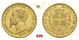 VITTORIO EMANUELE II, Re di Sardegna (1849-1861) 20 Lire 1851 Genova. MIR 1055c Pag. 339 Au g 6,44 SPL