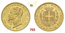VITTORIO EMANUELE II, Re di Sardegna (1849-1861) 20 Lire 1857 Genova. MIR 1055p Pag. 350 Au g 6,43 Non comune • Hairlines q.SPL