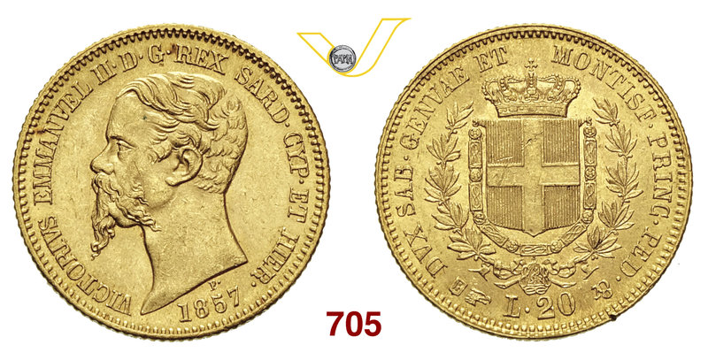 VITTORIO EMANUELE II, Re di Sardegna (1849-1861) 20 Lire 1857 Torino. MIR 1055q ...