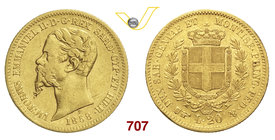 VITTORIO EMANUELE II, Re di Sardegna (1849-1861) 20 Lire 1858 Torino. MIR 1055s Pag. 353 Au Molto rara q.BB