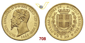 VITTORIO EMANUELE II, Re di Sardegna (1849-1861) 20 Lire 1859 Genova. MIR 1055t Pag. 354 Au g 6,45 • Fondi speculari ! SPL÷FDC