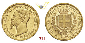 VITTORIO EMANUELE II, Re di Sardegna (1849-1861) 20 Lire 1860 Milano. MIR 1055w Pag. 357 Au Rara • Rovescio con fondi speculari e lievi graffi di coni...