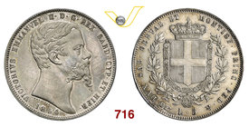 VITTORIO EMANUELE II, Re di Sardegna (1849-1861) 5 Lire 1854 Genova. MIR 1057h Pag. 377 Ag g 24,93 Rara • Colpetto al bordo e tre segnetti nel campo a...
