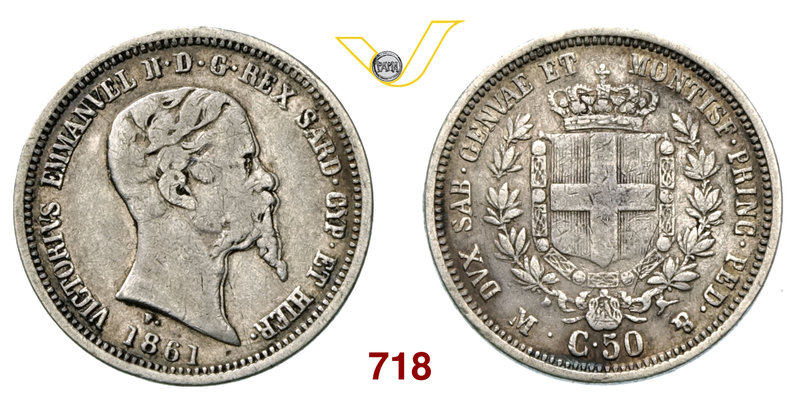 VITTORIO EMANUELE II, Re di Sardegna (1849-1861) 50 Centesimi 1861 Milano. MIR 1...