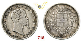 VITTORIO EMANUELE II, Re di Sardegna (1849-1861) 50 Centesimi 1861 Milano. MIR 1060l Pag. 429 Ag g 2,43 Estremamente rara MB