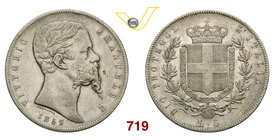 VITTORIO EMANUELE II, Re Eletto (1859-1861) 5 Lire 1859 Bologna. MIR 1063a Pag. 432 Ag Rarissima • Piccola mancanza nel campo davanti al busto e lievi...