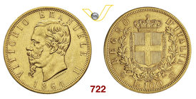 VITTORIO EMANUELE II (1861-1878) 100 Lire 1864 Torino. MIR 1076a Pag. 451 Au g 32,18 Rarissima • Bordo abilmente ripreso ottimo BB