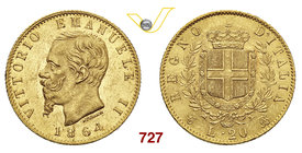 VITTORIO EMANUELE II (1861-1878) 20 Lire 1864 Torino. MIR 1078e Pag. 458 Au g 6,44 SPL
