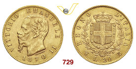 VITTORIO EMANUELE II (1861-1878) 20 Lire 1870 Torino. MIR 1078l Pag. 465 Au g 6,46 Molto rara SPL