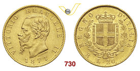 VITTORIO EMANUELE II (1861-1878) 20 Lire 1871 Roma. MIR 1078m Pag. 466 Au g 6,42 Molto rara q.SPL