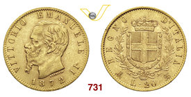 VITTORIO EMANUELE II (1861-1878) 20 Lire 1872 Milano. MIR 1078n Pag. 467 Au g 6,44 Molto rara BB+