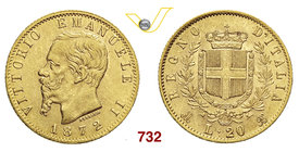 VITTORIO EMANUELE II (1861-1878) 20 Lire 1872 Milano. MIR 1078n Pag. 467 Au g 6,45 Molto rara SPL
