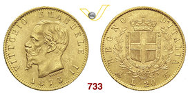 VITTORIO EMANUELE II (1861-1878) 20 Lire 1873 Milano. MIR 1078o Pag. 468 Au g 6,47 SPL