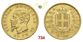 VITTORIO EMANUELE II (1861-1878) 20 Lire 1874 Roma. MIR 1078r Pag. 471 Au g 6,45 Non comune BB/SPL