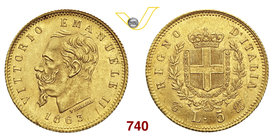 VITTORIO EMANUELE II (1861-1878) 5 Lire 1863 Torino. MIR 1080a Pag. 479 Au g 1,60 Rara SPL