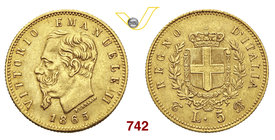 VITTORIO EMANUELE II (1861-1878) 5 Lire 1865 Torino. MIR 1080b Pag. 480 Au g 1,61 Molto rara BB+