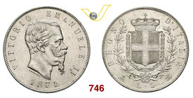 VITTORIO EMANUELE II (1861-1878) 5 Lire 1871 Milano. MIR 1082m Pag. 492 Ag g 25,02 q.FDC