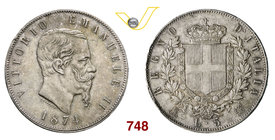 VITTORIO EMANUELE II (1861-1878) 5 Lire 1874 Milano. MIR 1082t Pag. 498 Ag g 25,00 SPL