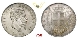 VITTORIO EMANUELE II (1861-1878) 5 Lire 1876 Roma. MIR 1082x Pag. 501 Ag g 24,97 • Lievissimo colpetto al bordo SPL+