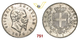 VITTORIO EMANUELE II (1861-1878) 5 Lire 1876 Roma. MIR 1082x Pag. 501 Ag g 24,98 SPL