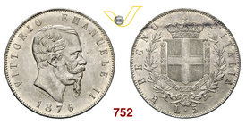 VITTORIO EMANUELE II (1861-1878) 5 Lire 1876 Roma. MIR 1082x Pag. 501 Ag g 25,00 FDC