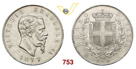 VITTORIO EMANUELE II (1861-1878) 5 Lire 1877 Roma. MIR 1082z Pag. 502 Ag g 24,94 q.FDC